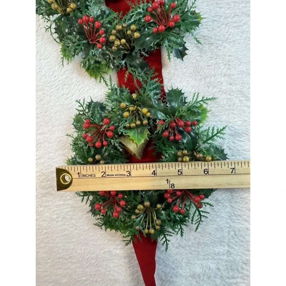 Vintage Plastic Triple Christmas Wreath with Bells on Flocked Red Velvet Ribbon
